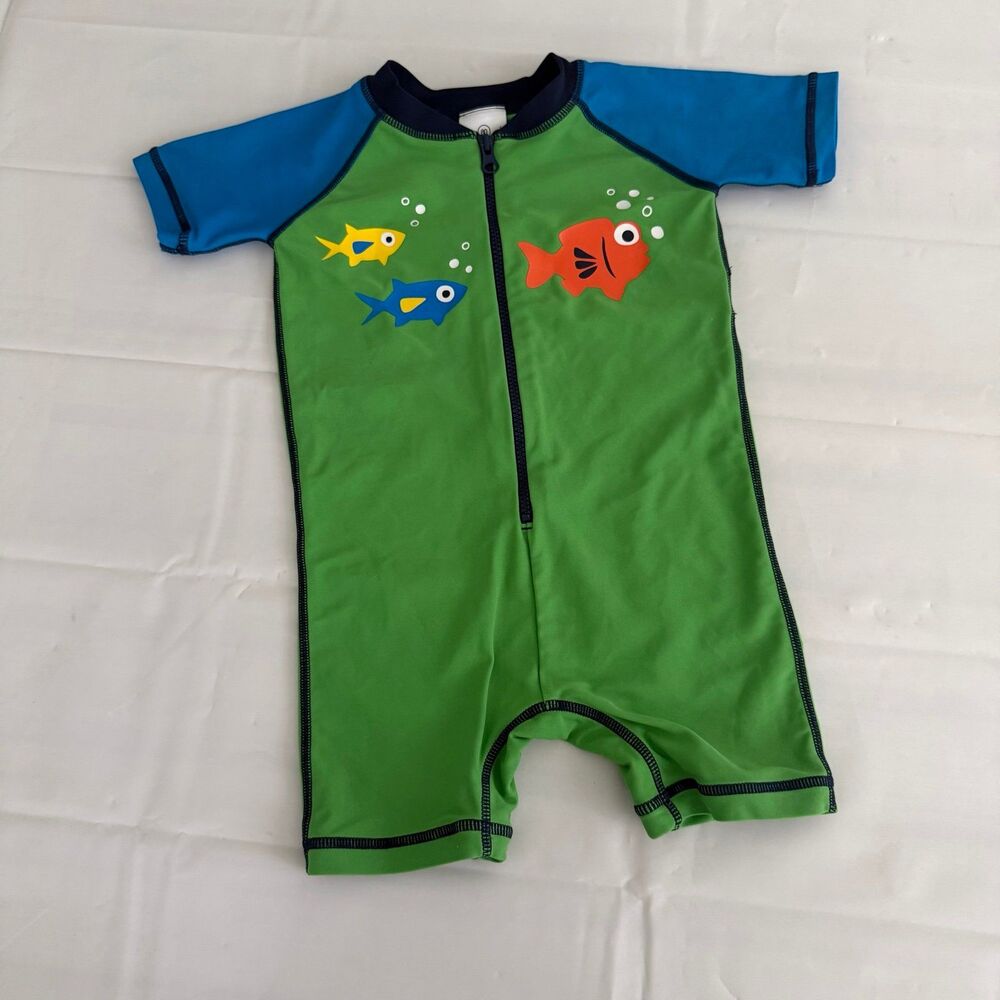 Hanna Andersson Toddler 18-24M Swimsuit Rash Guard 1pc Green Fishes Zip Size 80